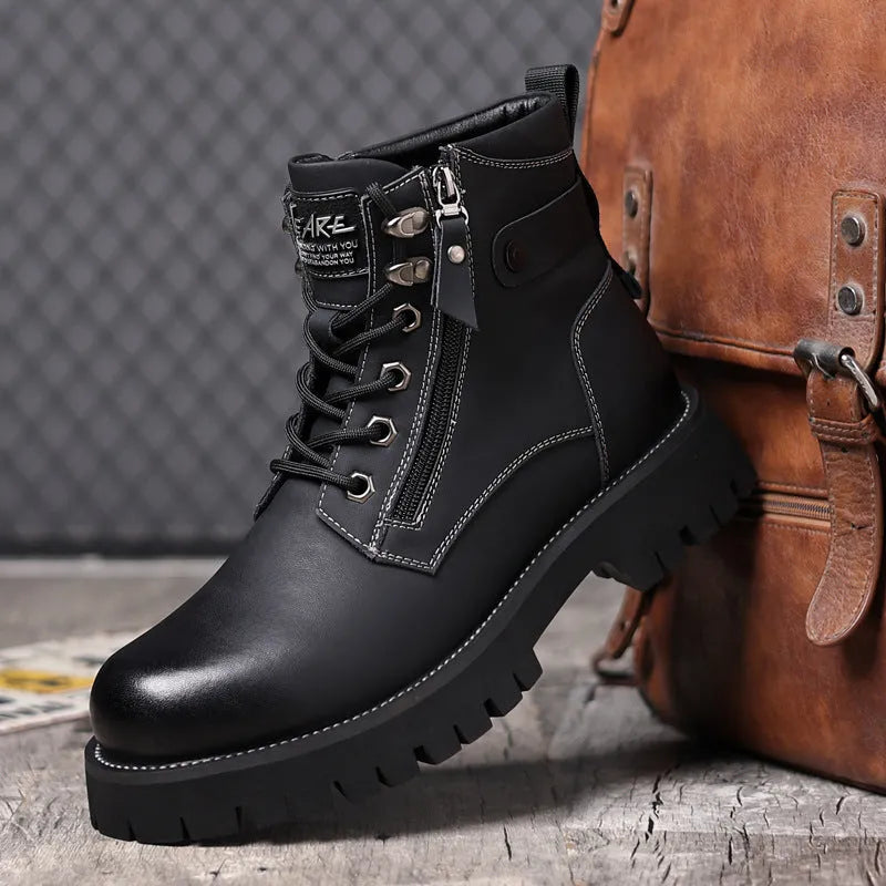 Men's brown thermal Martin boots with side zip and mid-heel design
