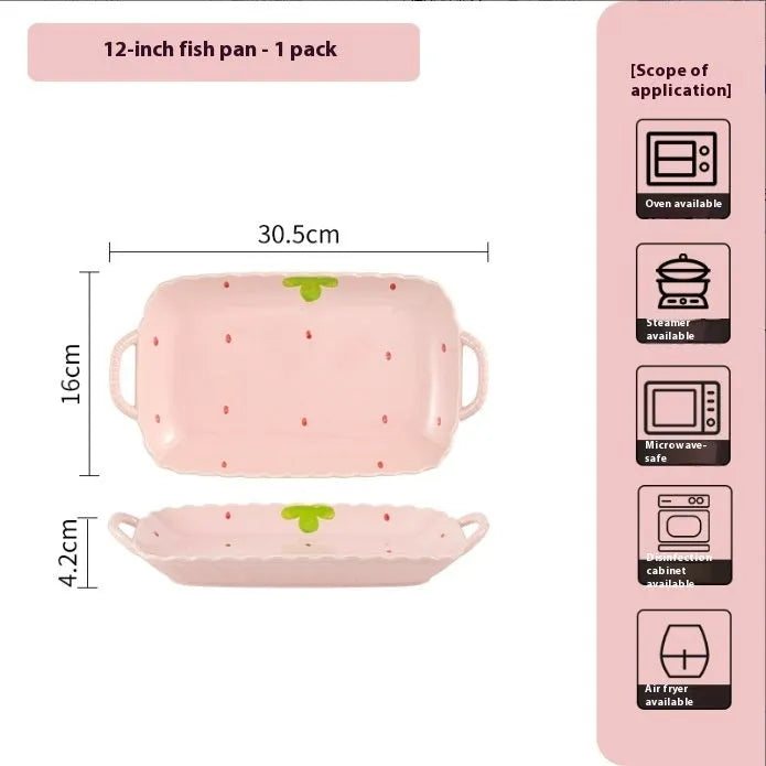Strawberry pattern ceramic dinnerware set with bowls, plates and twist spoon