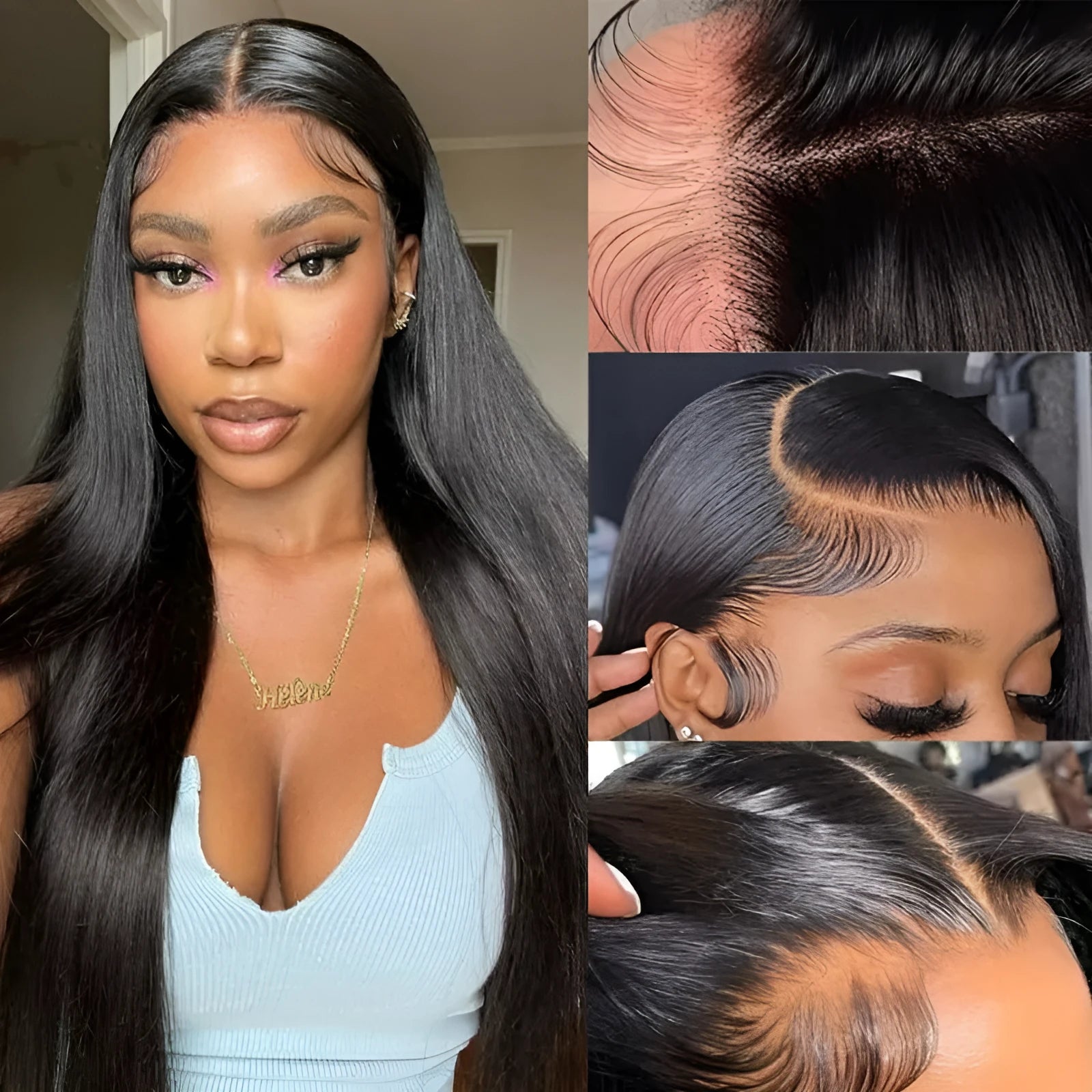 Black straight human hair lace front wig with 13x6 frontal on a mannequin head.