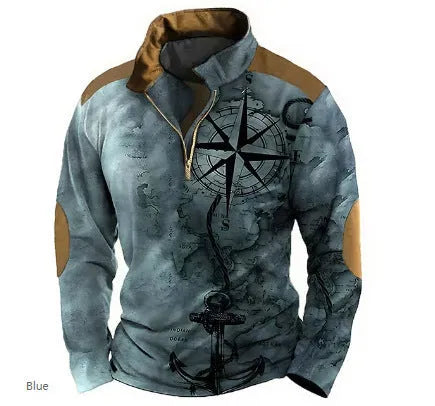 Men's loose-fit long-sleeved t-shirt with retro colour printing and a zip decoration detail.