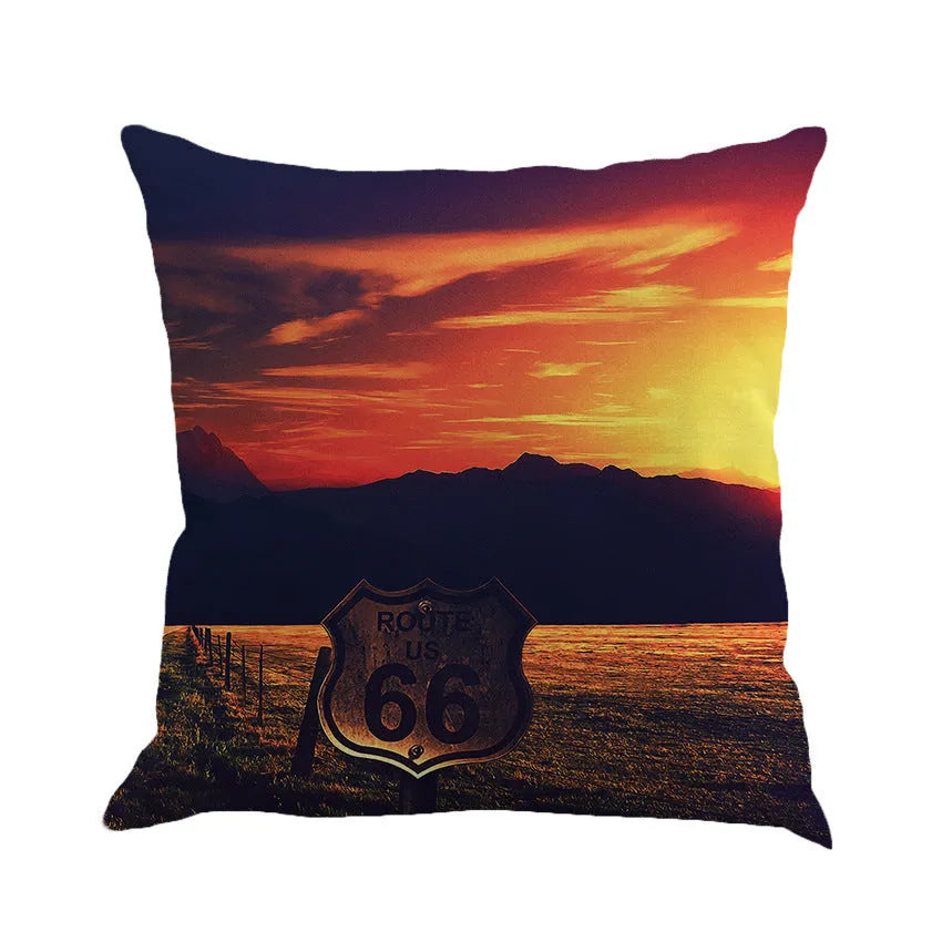 Route 66 landscape pattern on a 45cm square linen and cotton blend cushion cover.