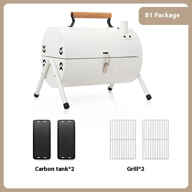 White portable folding barbecue grill with detachable rust-proof carbon tank for outdoor frying and baking.