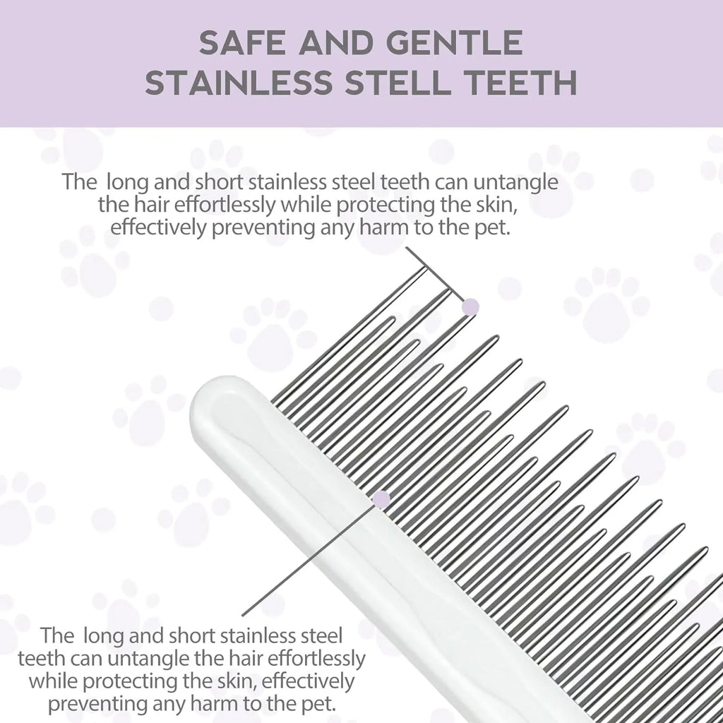 Purple handled pet grooming comb with long and short stainless steel teeth for detangling dog and cat fur.