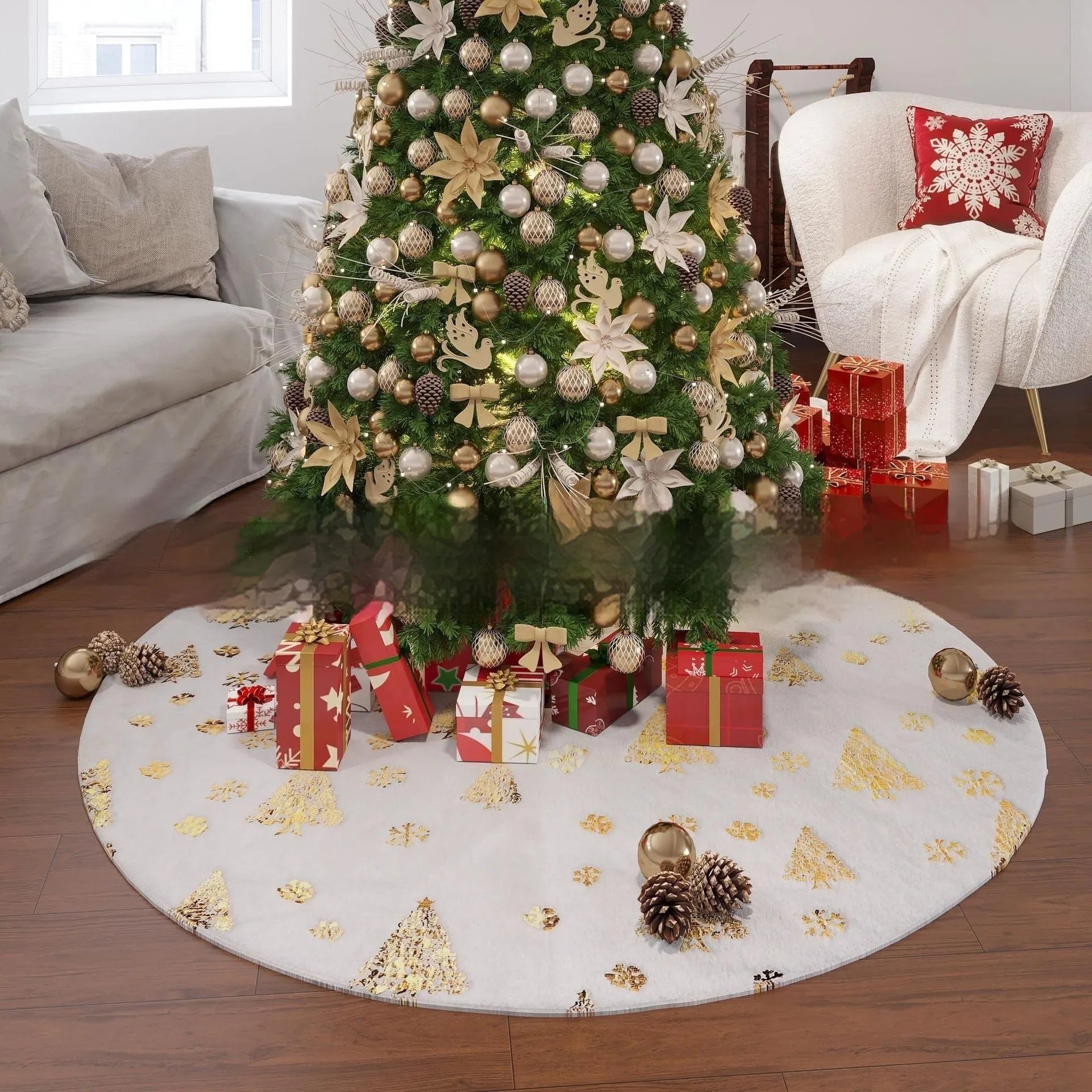 Plush Christmas tree rug with snowflake star motif in four size options on wooden floor