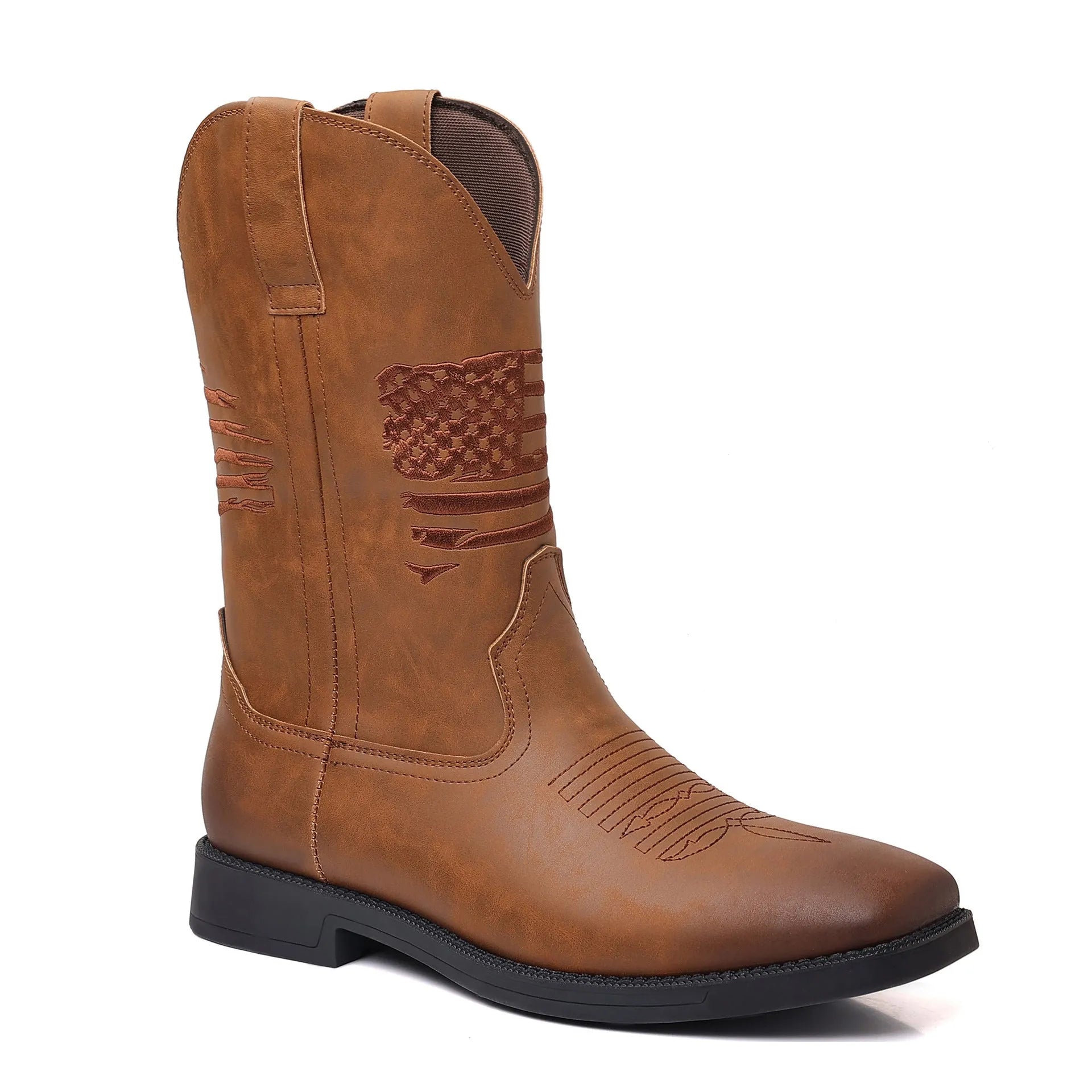 Men's brown retro wide head square toe cowboy boots with high shaft and mesh lining