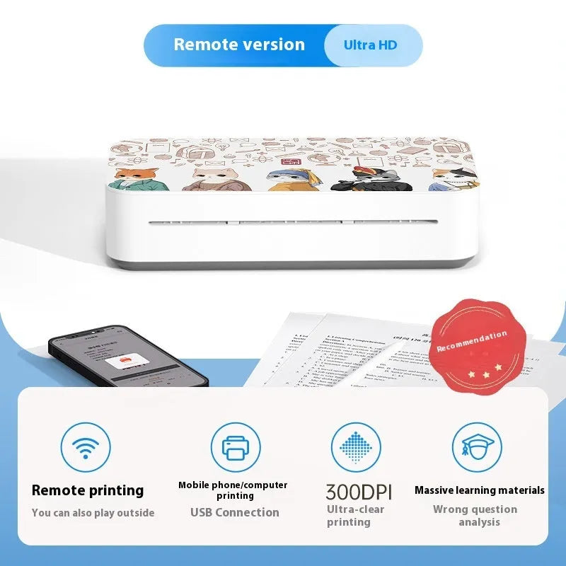 Small white plastic intelligent remote learning printer with a ribbon cartridge on a desk.