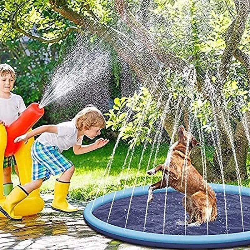 Blue inflatable dog sprinkler mat with water droplets on anti-slip surface, connected to a hose.