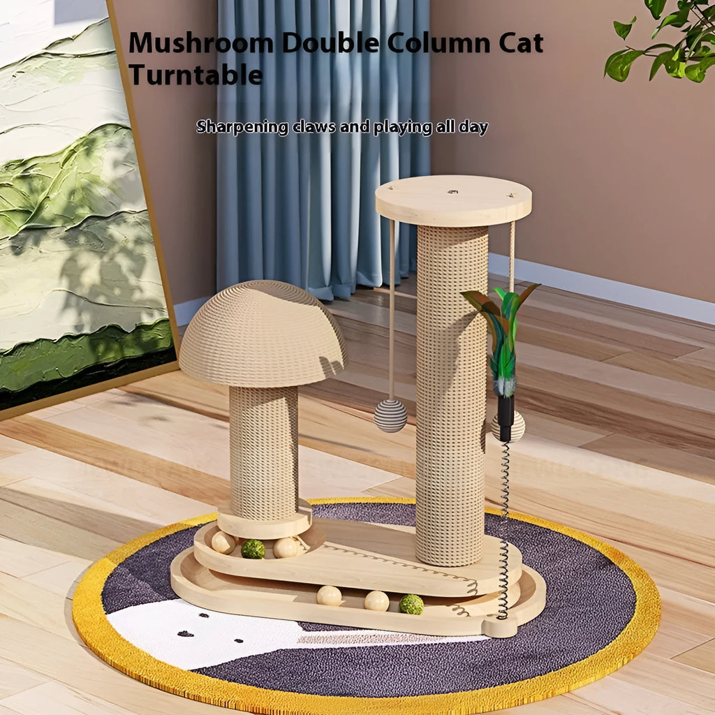 Solid wood cat turntable scratching post with oval mushroom design and natural finish for indoor climbing