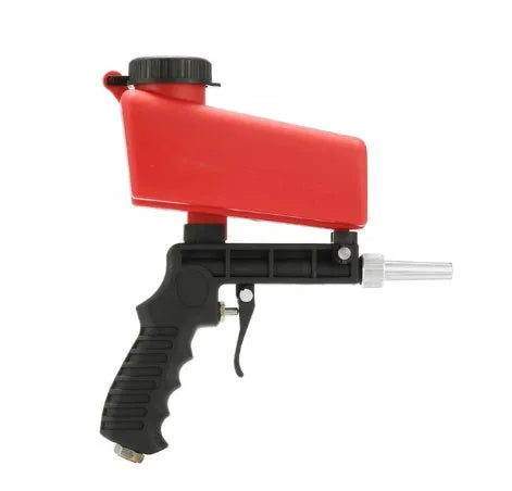 Portable black or blue pneumatic sandblasting gun with upper pot tank for on-site surface preparation.