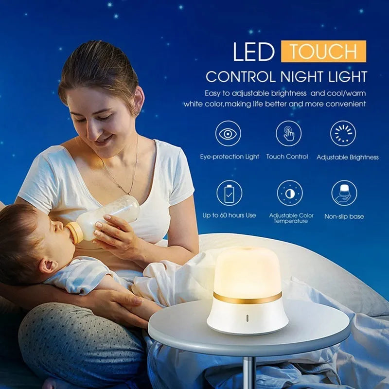 White touch-control bedside night light with rechargeable battery shown next to a USB cable.
