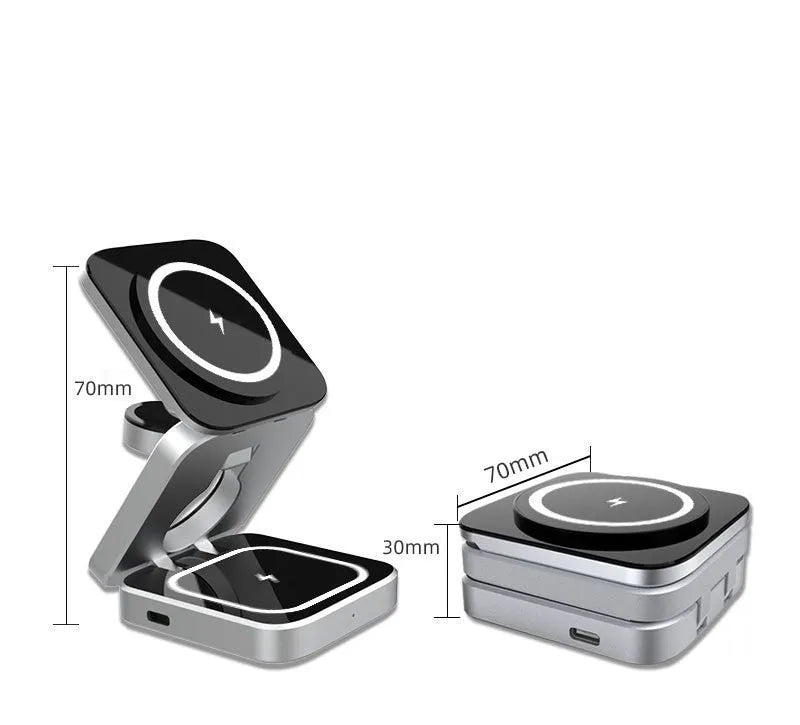 Foldable three-in-one desktop wireless charging stand for Apple iPhone and Samsung Galaxy phone.
