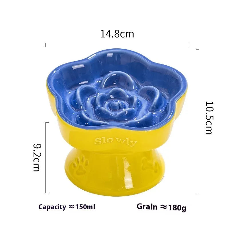 Ceramic pet bowl with anti-tumble design and raised chin support for cats and dogs