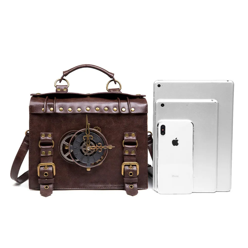 Bronze steampunk industrial retro shoulder bag with pillow shape and metal details