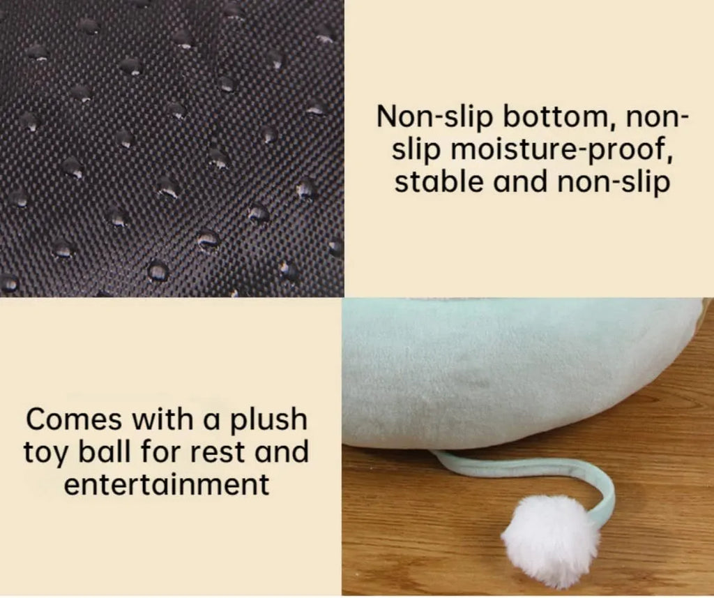 Green dinosaur-shaped cat bed with hanging straps that can be used flat or as a hammock