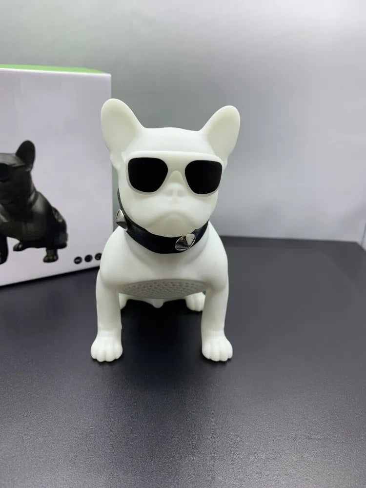 Mini bulldog-shaped Bluetooth speaker in black, red, or white colour with wireless audio functionality
