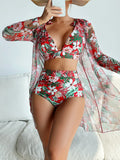 Women's printed bikini three-piece swimsuit set on a mannequin, showing pattern detail