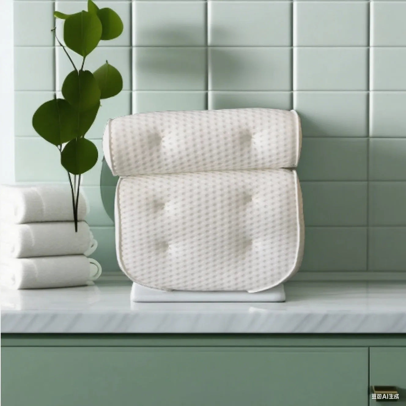 White 4D mesh bathtub pillow with suction cups, shown on bathtub edge.