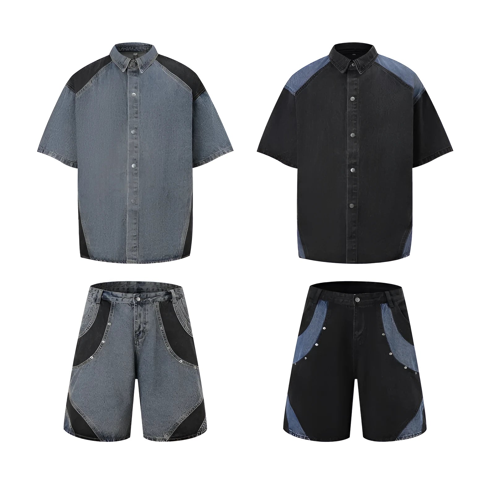 Retro washed denim suit with short-sleeved jacket and matching trousers in black or blue