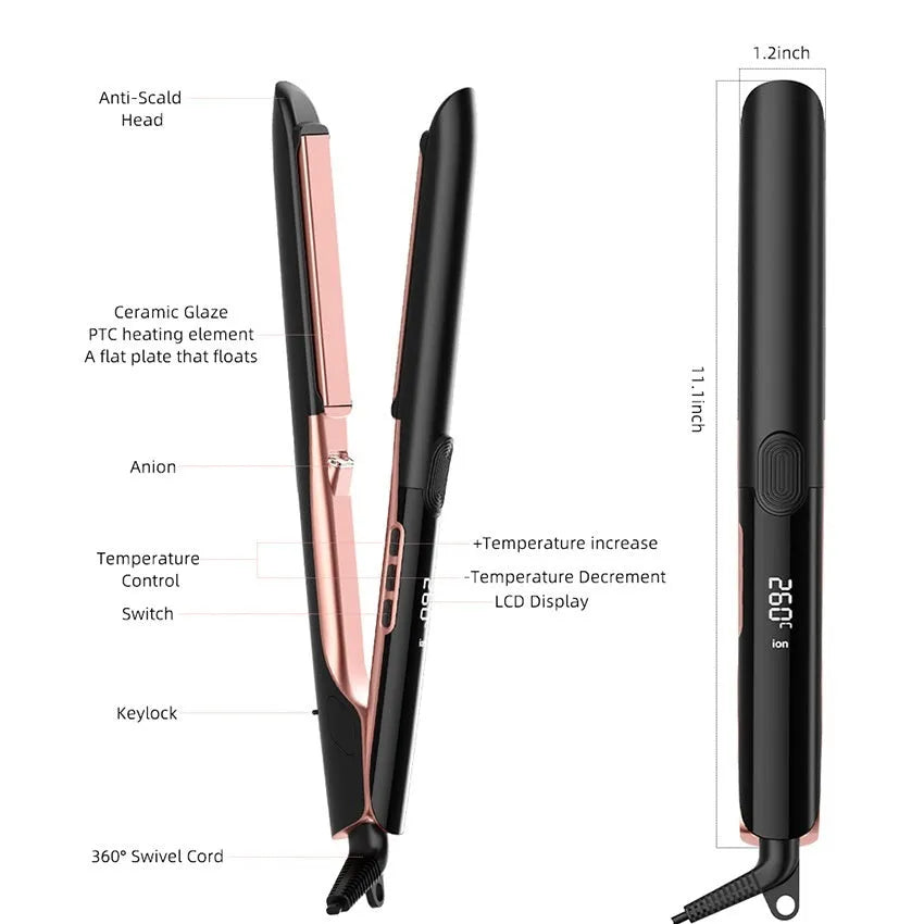 Silver hair straightener with digital temperature display showing 207℃ and European standard plug