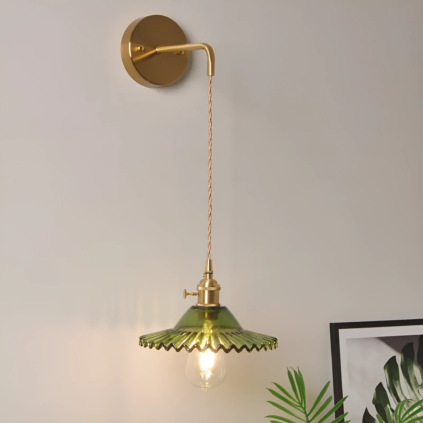 Copper retro lotus wall lamp with glass shade in amber colour variation