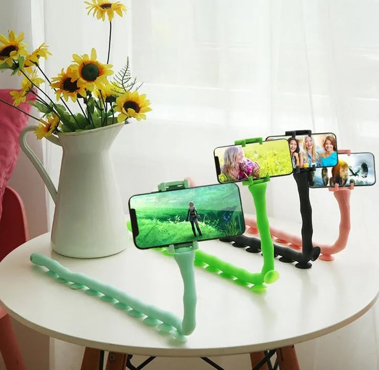 Flexible rubber phone holder with suction cup showing 62cm length and 360° rotation