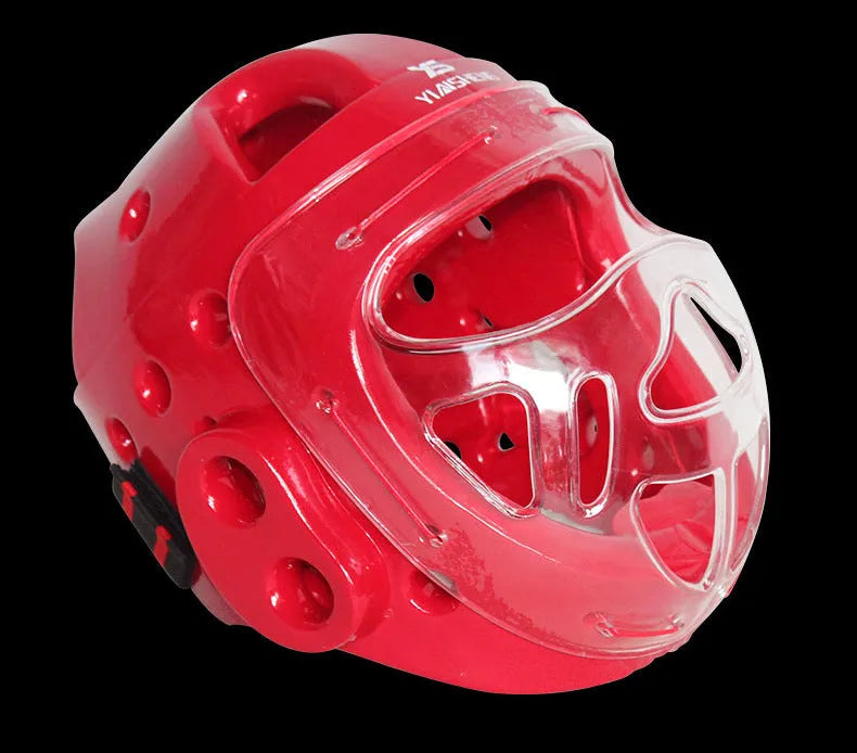 White, blue, and red karate boxing helmet headgear in sizes S, M, L, XL for head protection.