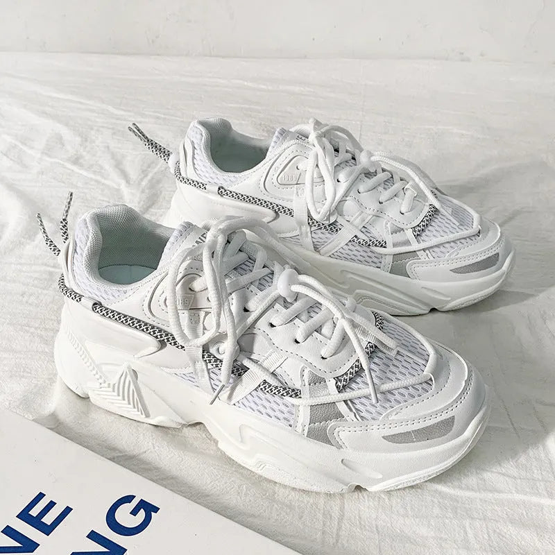 Men's Korean style platform sneakers with lace-up front and height-increasing sole in neutral colours