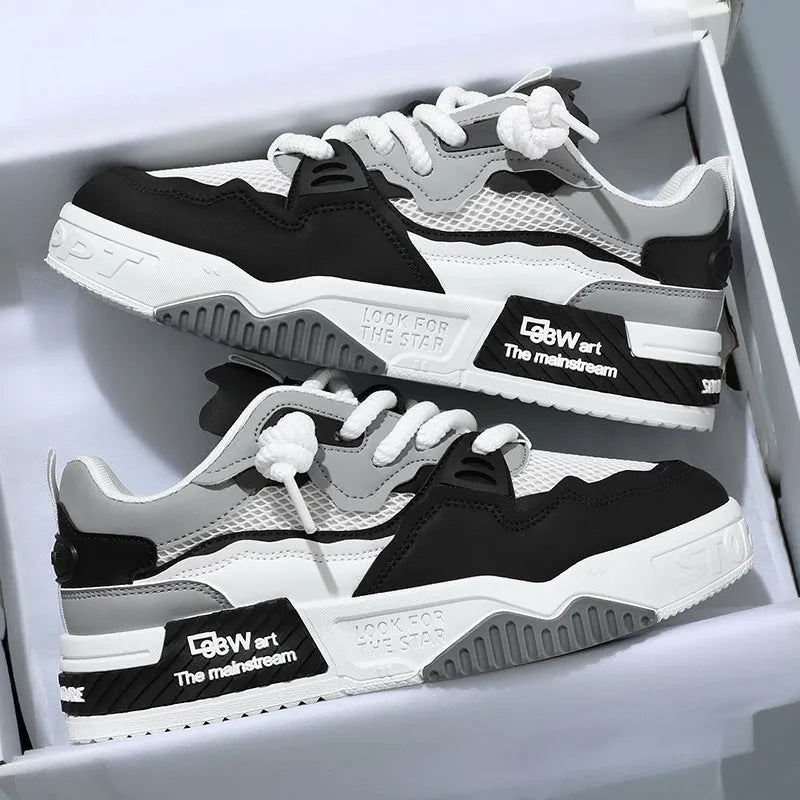 Men's low top board shoes in white and yellow, white and black, and beige colour combinations with rubber soles