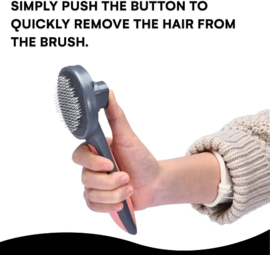 Grey green pink self-cleaning pet grooming brush with one-click button and comfort-grip handle