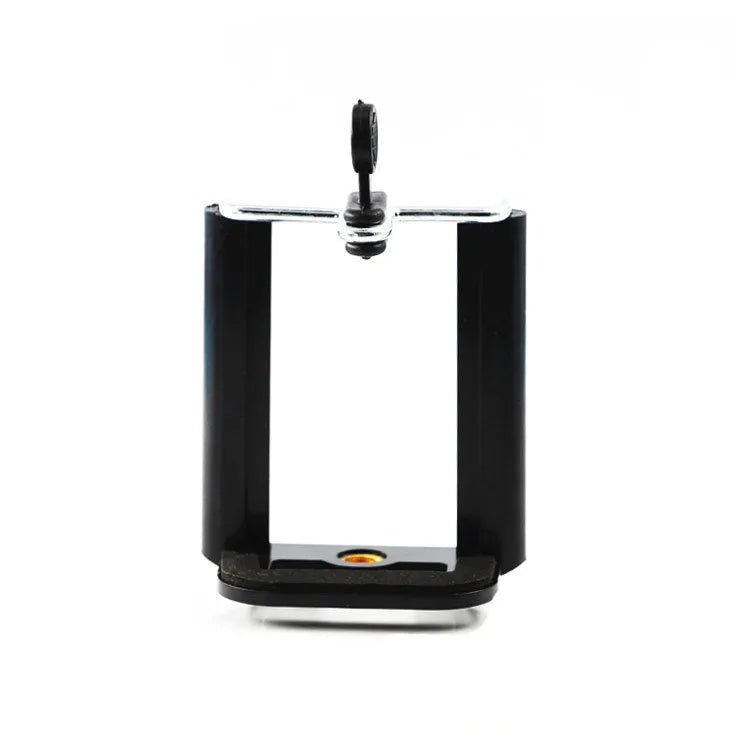 Black plastic U-clip mobile phone holder with adjustable hose bracket for universal smartphone mounting
