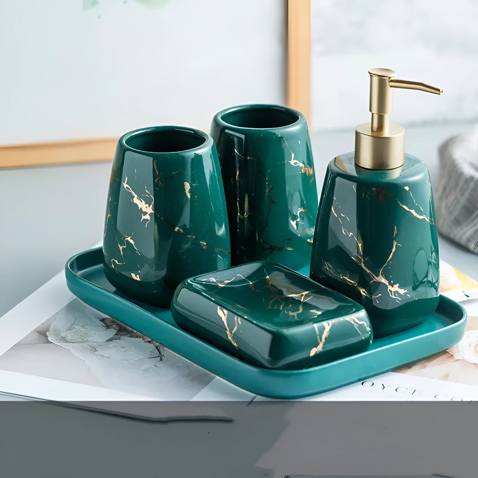Ceramic bathroom wash set in light luxury style with decal process finish available in black blue or white