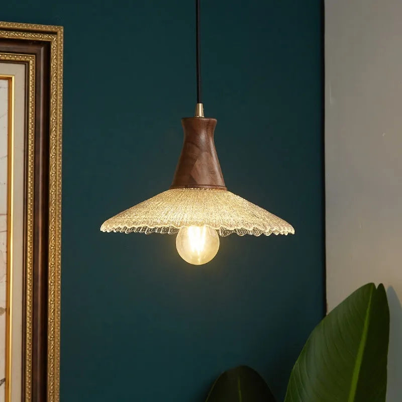 Retro wood and glass chandelier with brass finish in three size options