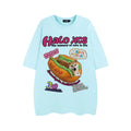 White short-sleeved cotton t-shirt with a cartoon hamburger dog graphic print, shown on a model.