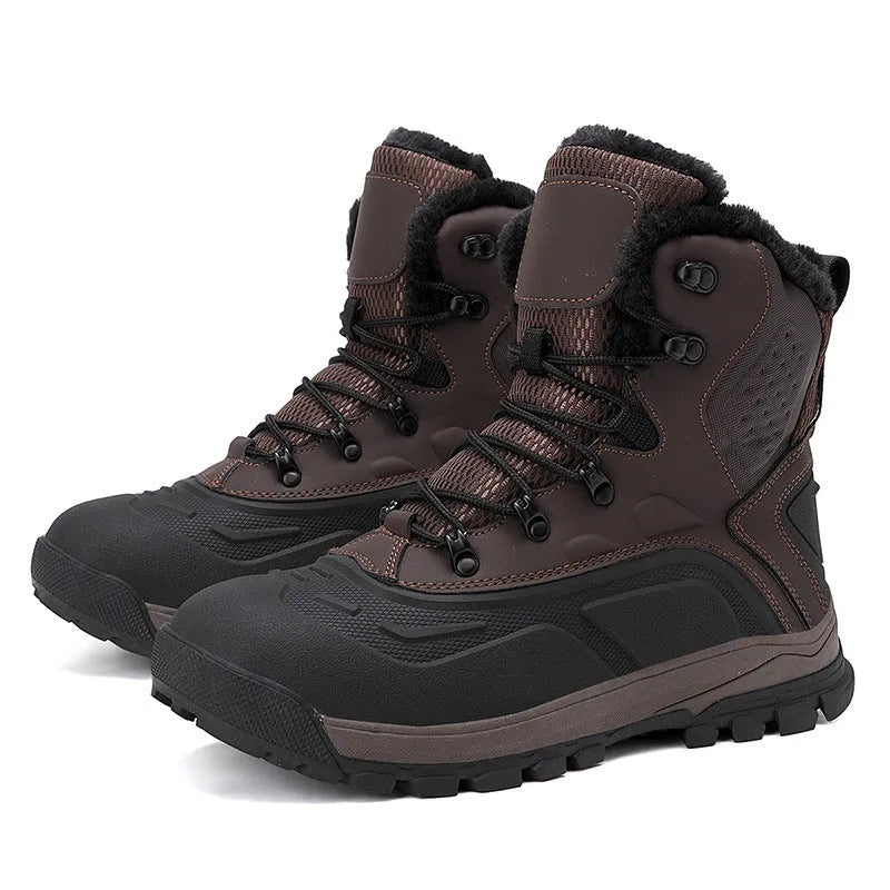 Men's black plus size high-top boots with fleece lining, flat heel, and lace-up front.