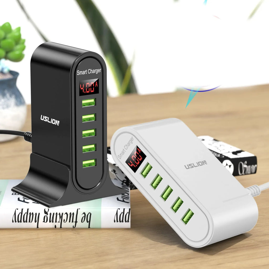 Smart LED digital display USB charger with black or white casing showing EU, UK and US plug options