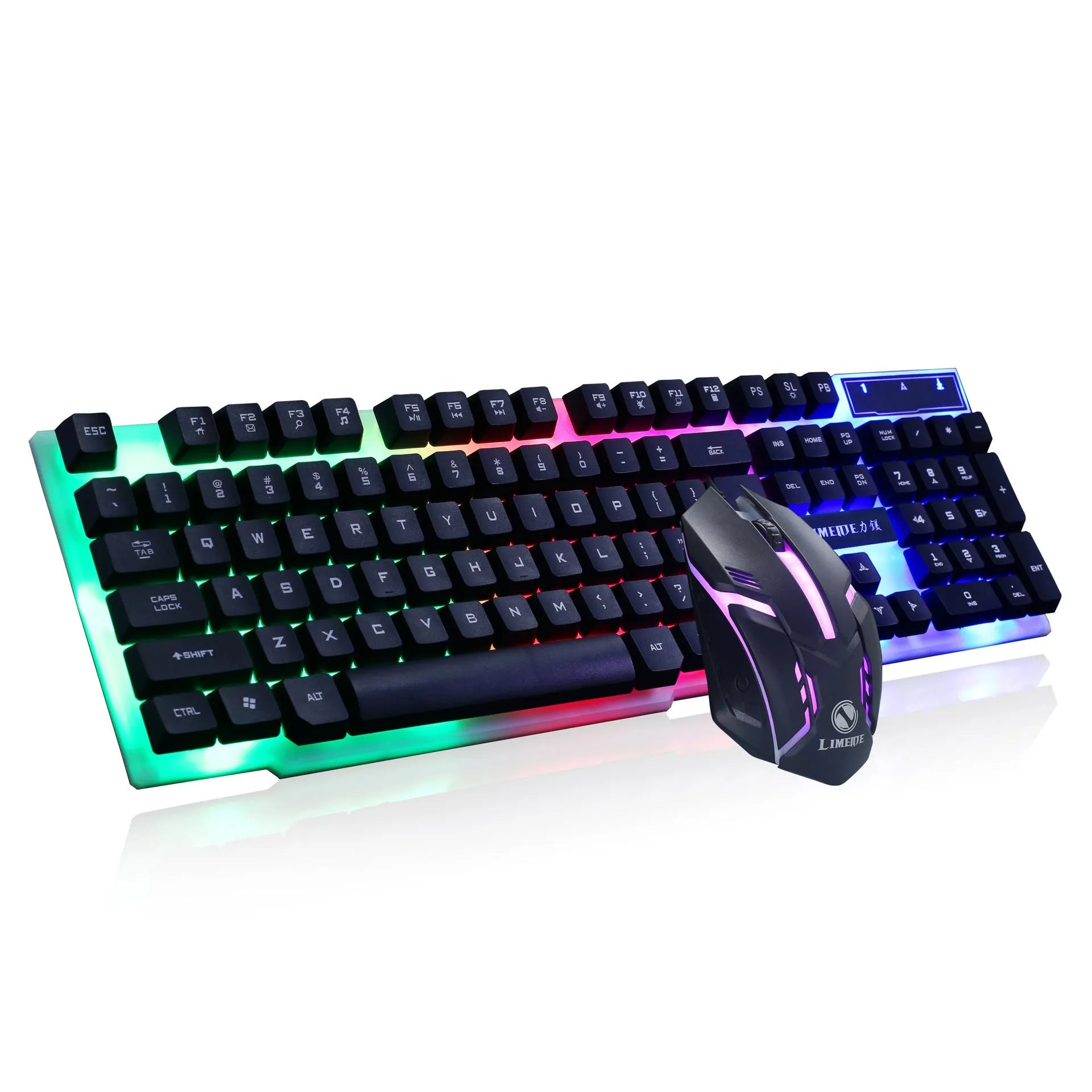 Limei GTX300 black gaming keyboard and mouse set with backlit keys on desktop