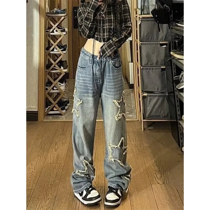 Blue high waist wide-leg denim jeans with straight cut on mannequin