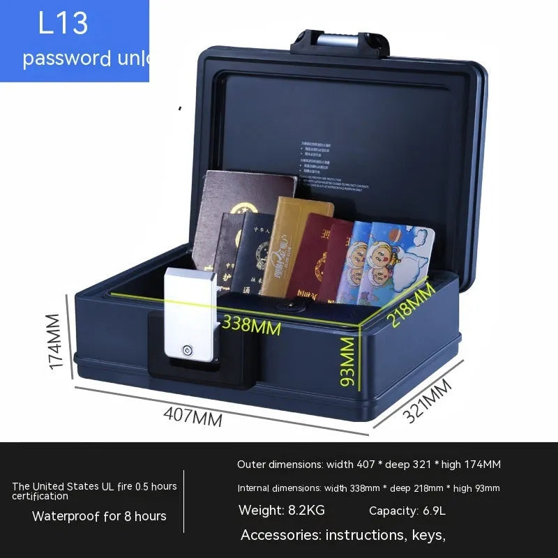 L12 model portable small password safe made of steel with a mechanical combination lock.