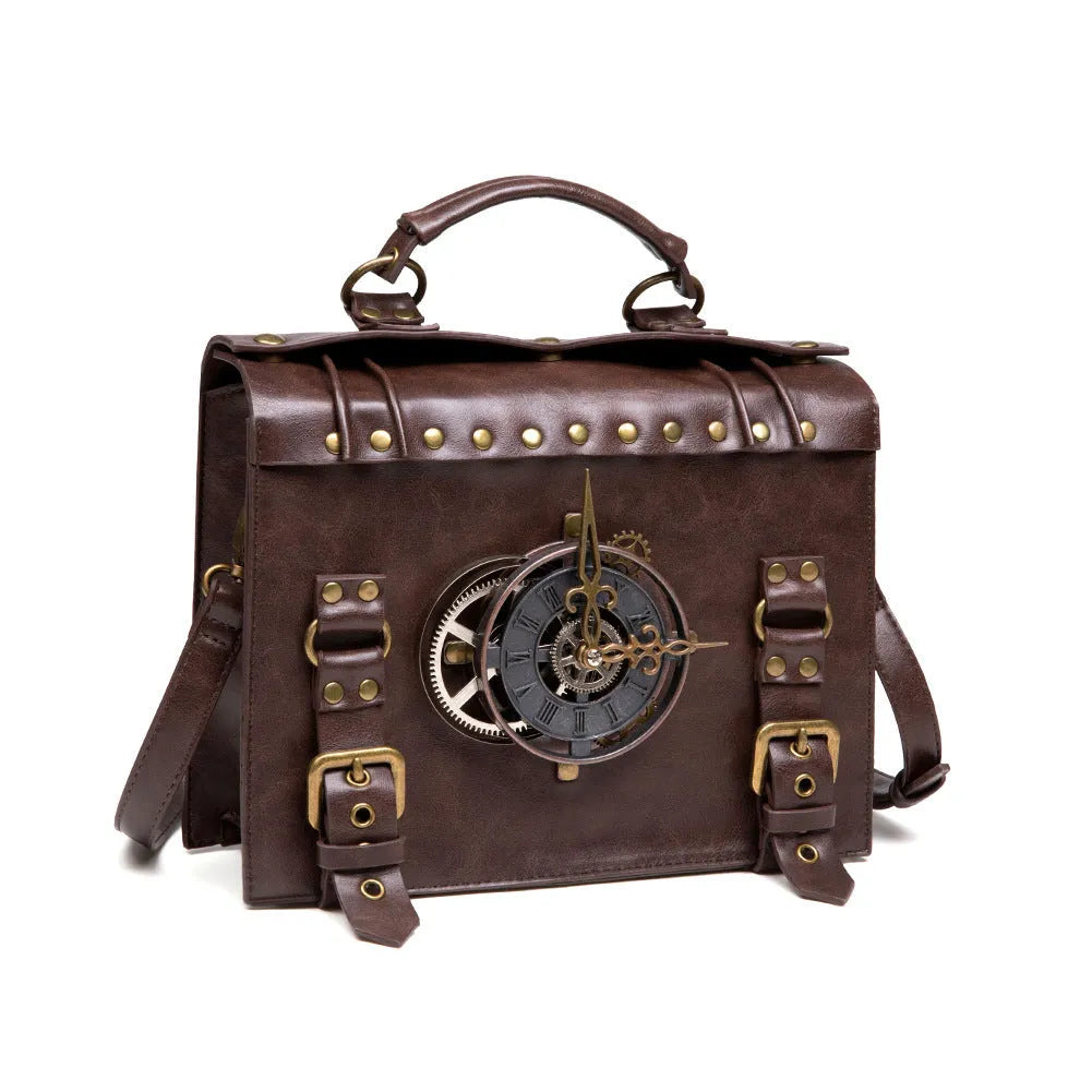 Bronze steampunk industrial retro shoulder bag with pillow shape and metal details