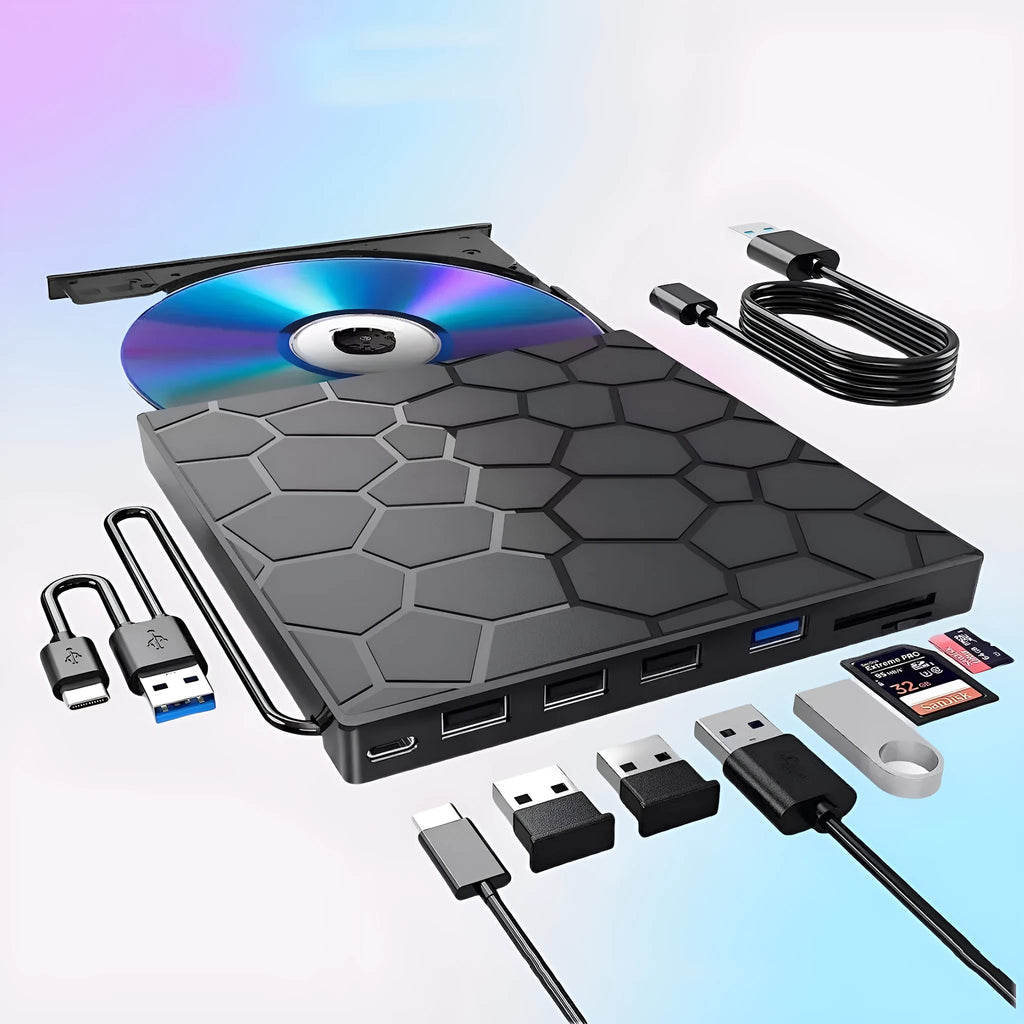 Black external CD DVD drive with USB connection for computer disc burning