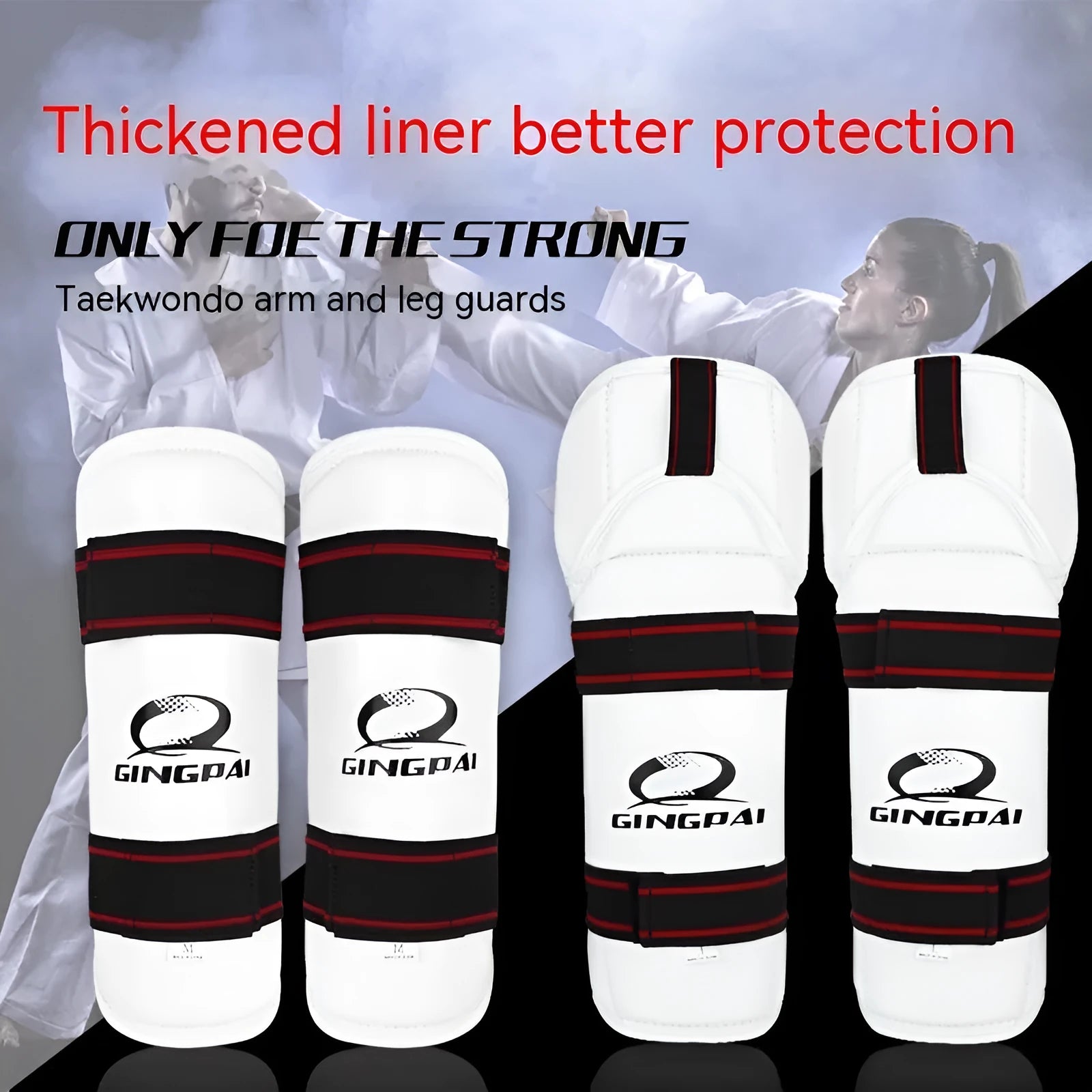 Taekwondo protective gear set showing leg guards and arm guards in PU EVA material