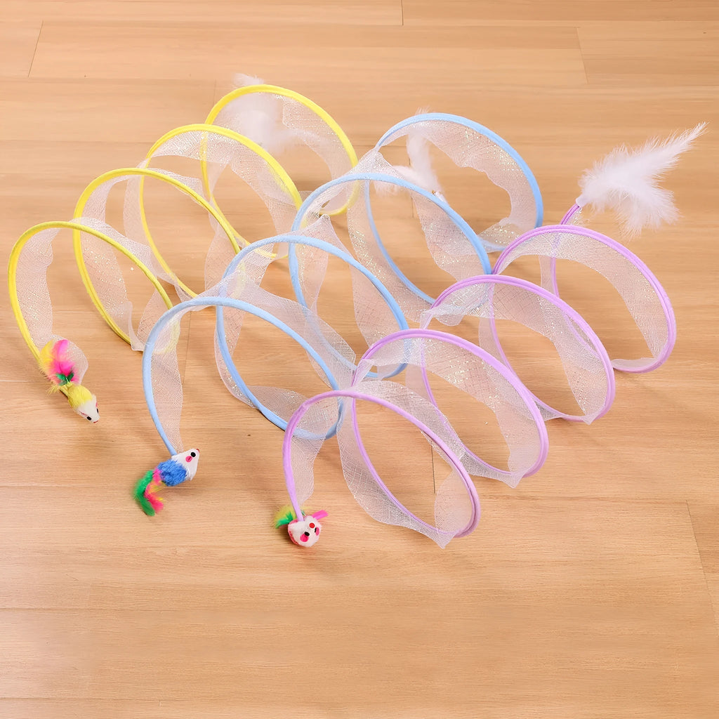 S-shaped foldable cat tunnel toy with feather attachments on elastic netting