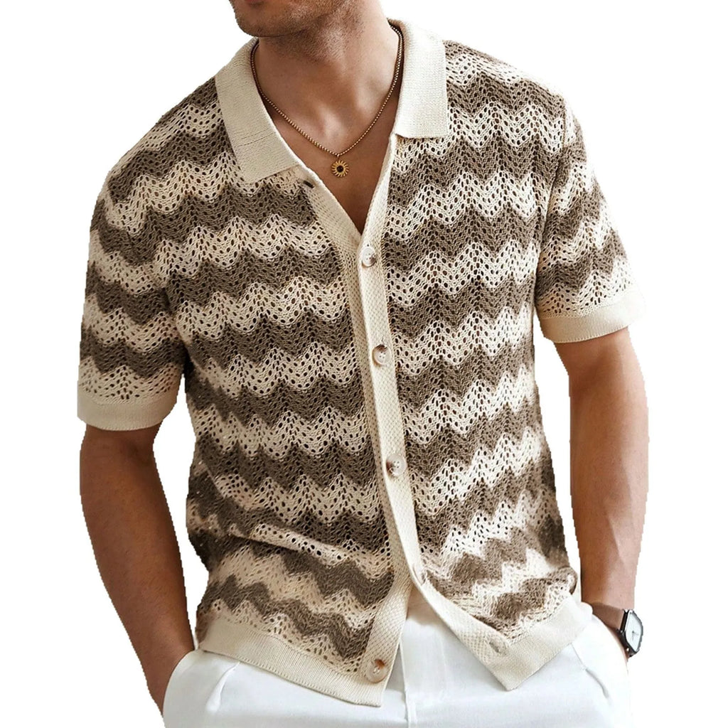 Yellow short sleeve sweater with textured hollow jacquard corrugated and flocked detail on a mannequin.