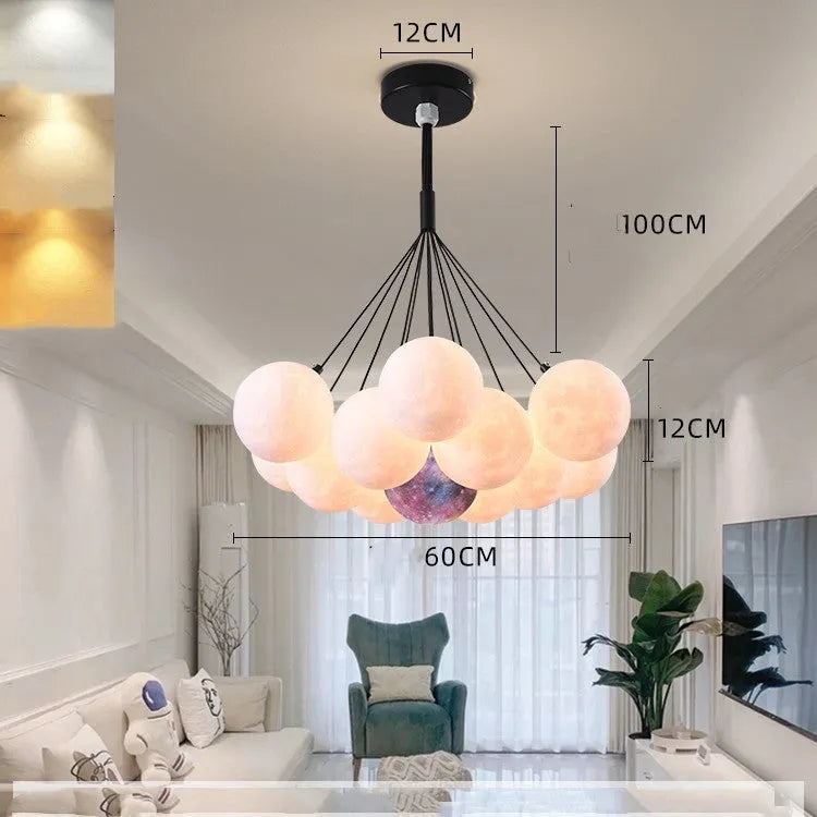 Nordic moon bubble LED chandelier with iron frame and PMMA lampshade in gold or black finish