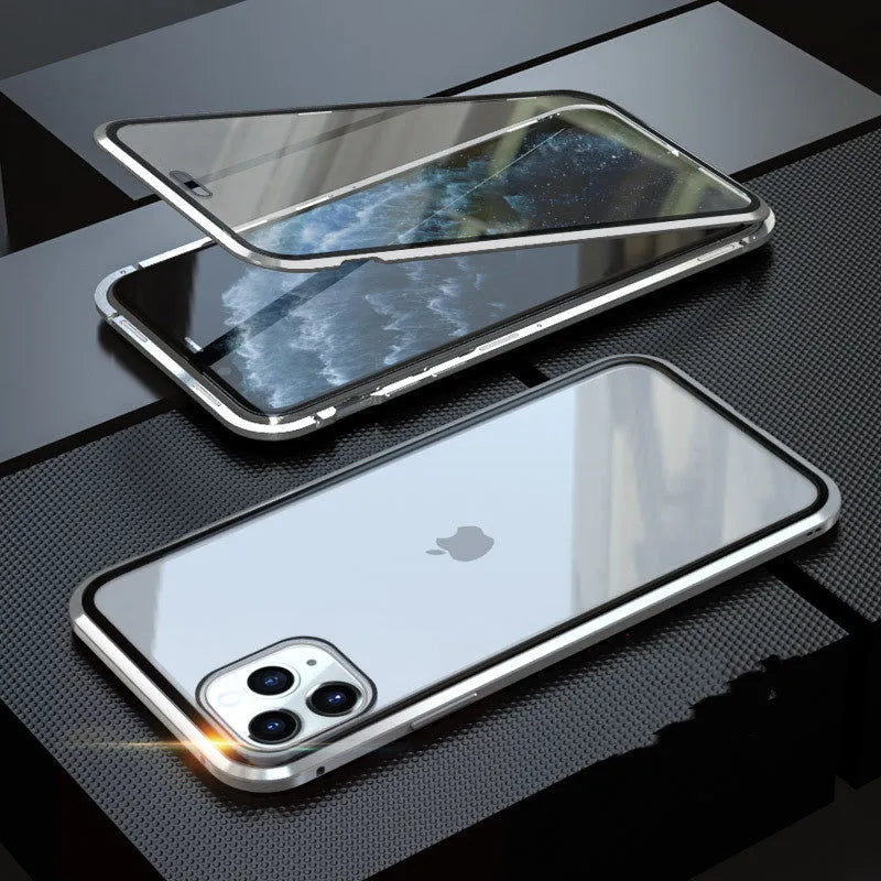 Black glass clamshell anti-spy case on an iPhone, showing geometric design and solid colour.