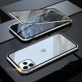 Black glass clamshell anti-spy case on an iPhone, showing geometric design and solid colour.