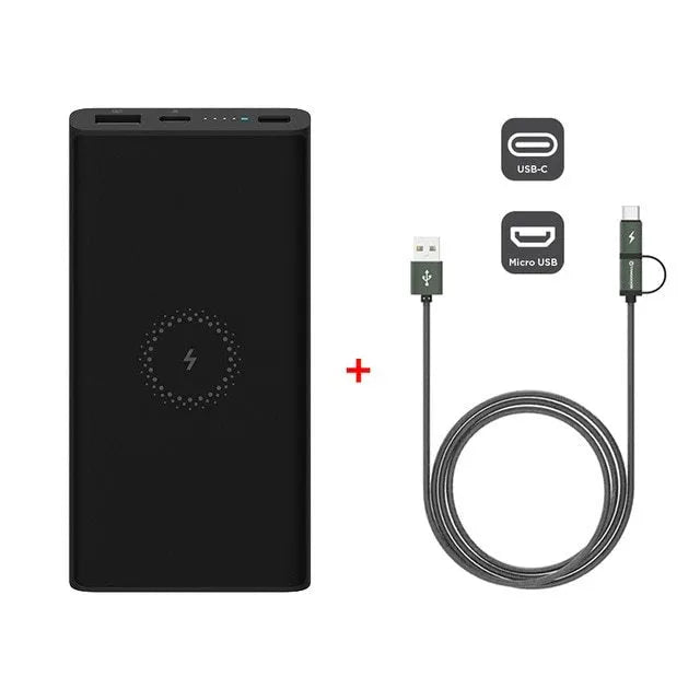 White and black 10000mAh power bank with USB Type-C port and wireless charging surface.