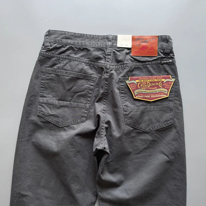 Men's straight fit cotton casual trousers in American retro style showing grey, army green, and khaki colour options