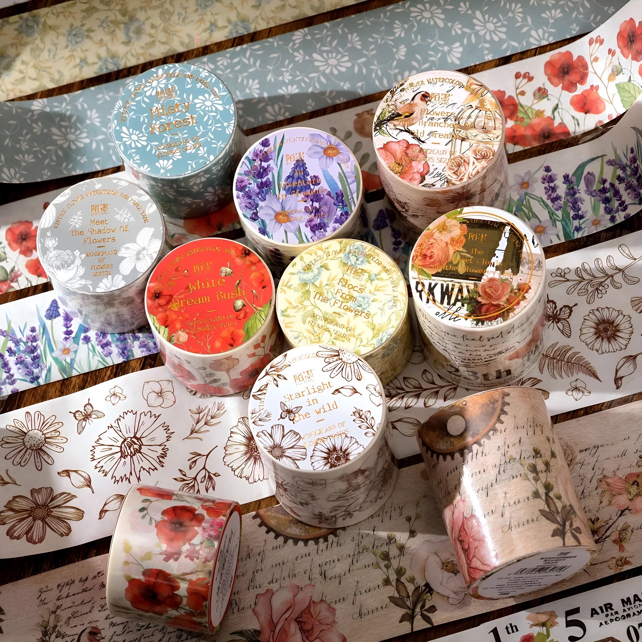 Roll of vintage floral watercolour decorative paper tape with Japanese paper backing, showing 2m length.