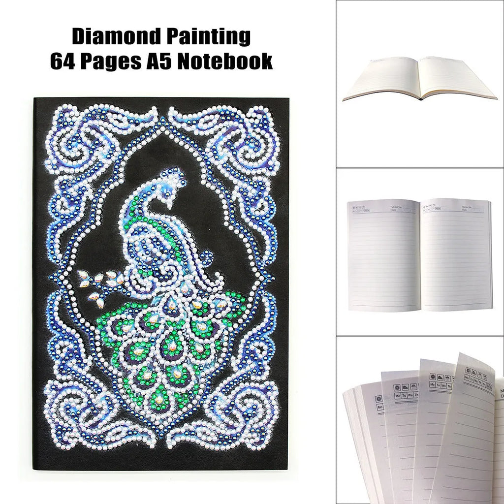 Black A5 diamond painting notebook with a peacock design cover, shown closed.